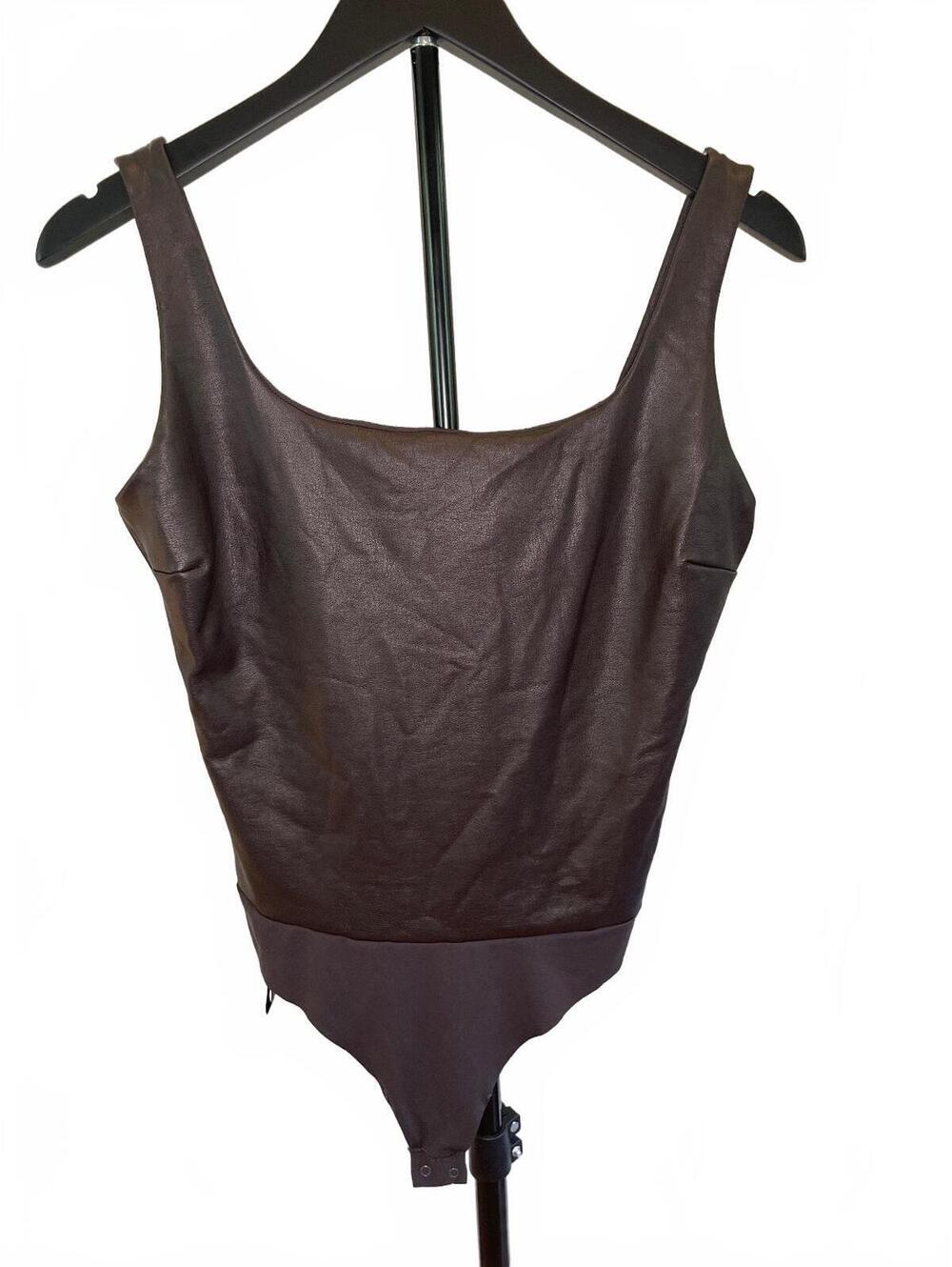 SKIMS Faux Leather Scoop Neck Bodysuit Chocolate Brown XL Thong Model Off Duty